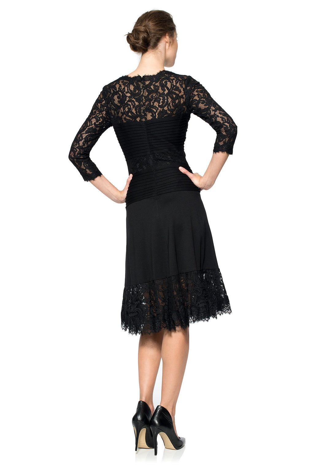 Pintuck Jersey and Lace Long Sleeve Dress with Sheer Lace Detail