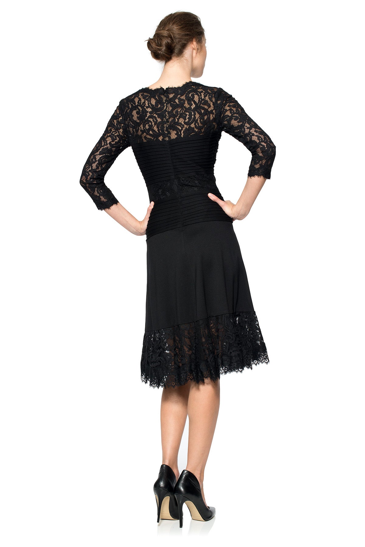 Pintuck Jersey and Lace Long Sleeve Dress with Sheer Lace Detail