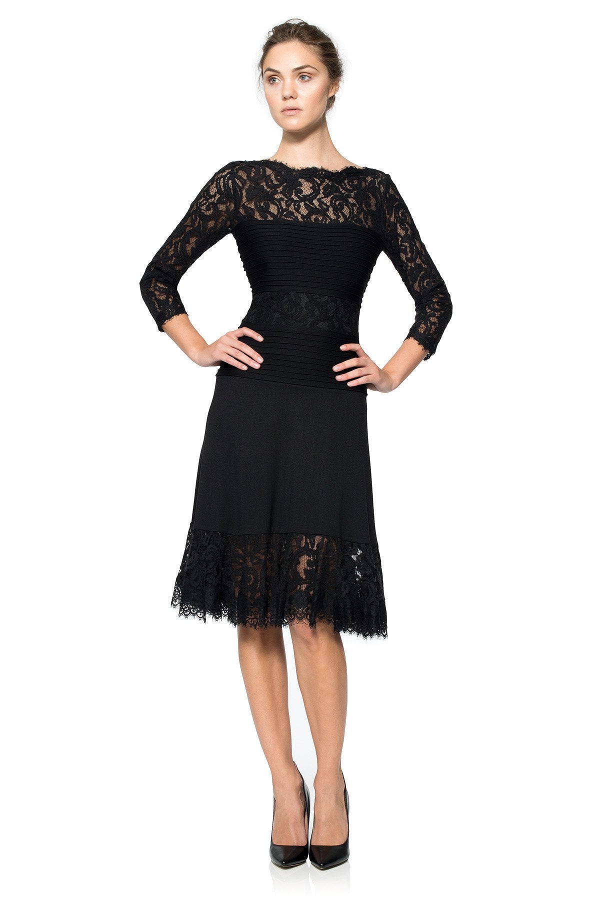 Pintuck Jersey and Lace Long Sleeve Dress with Sheer Lace Detail