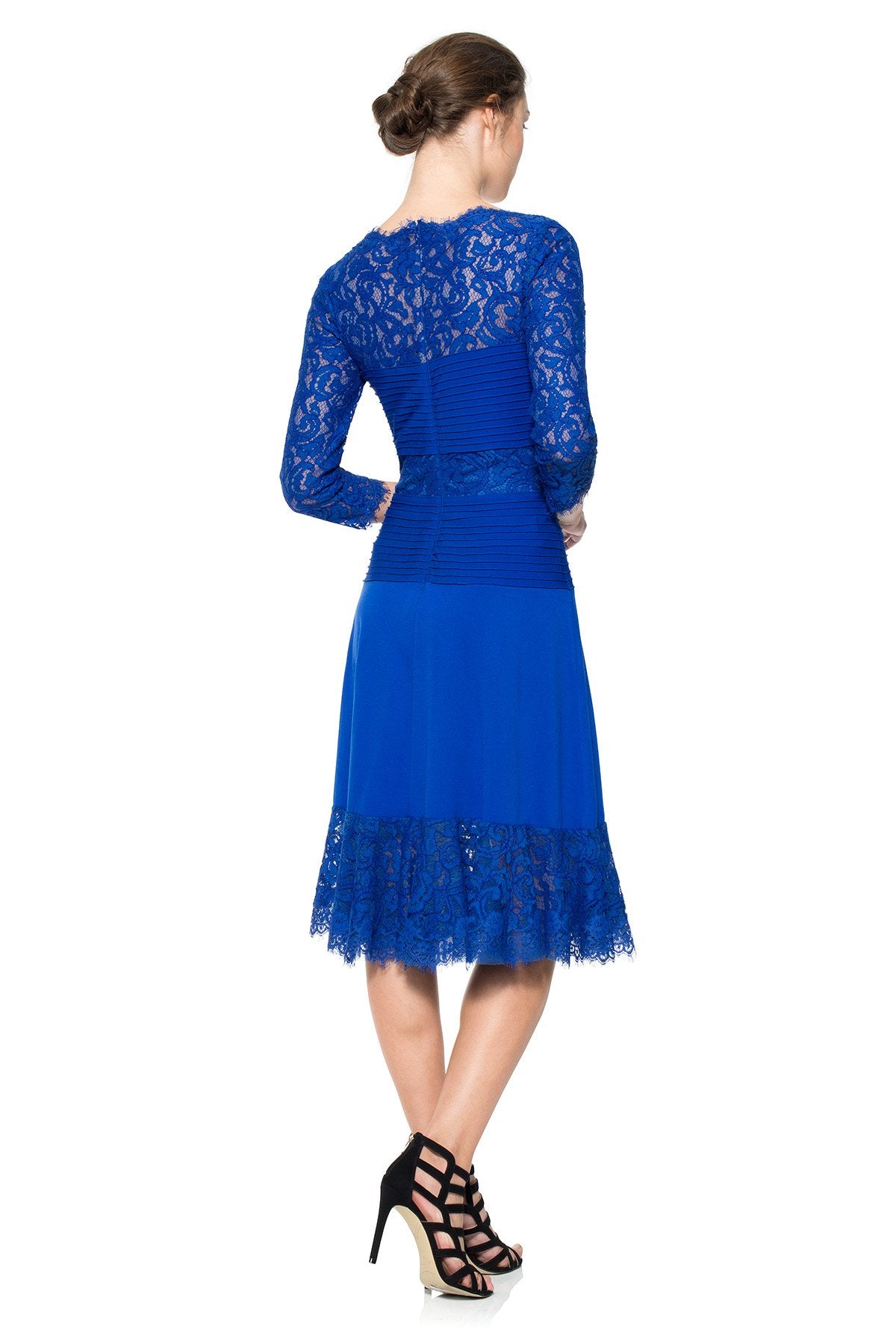 Pintuck Jersey and Lace Long Sleeve Dress with Sheer Lace Detail
