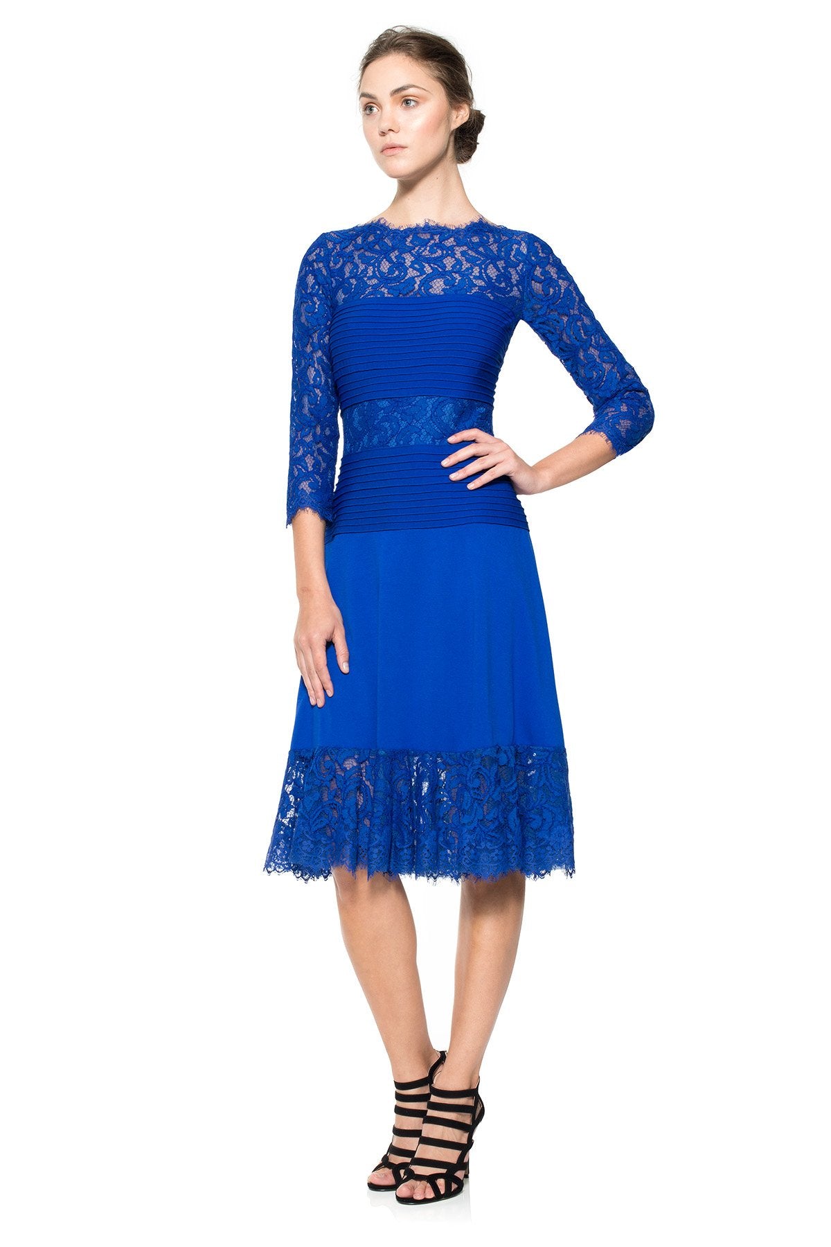 Pintuck Jersey and Lace Long Sleeve Dress with Sheer Lace Detail