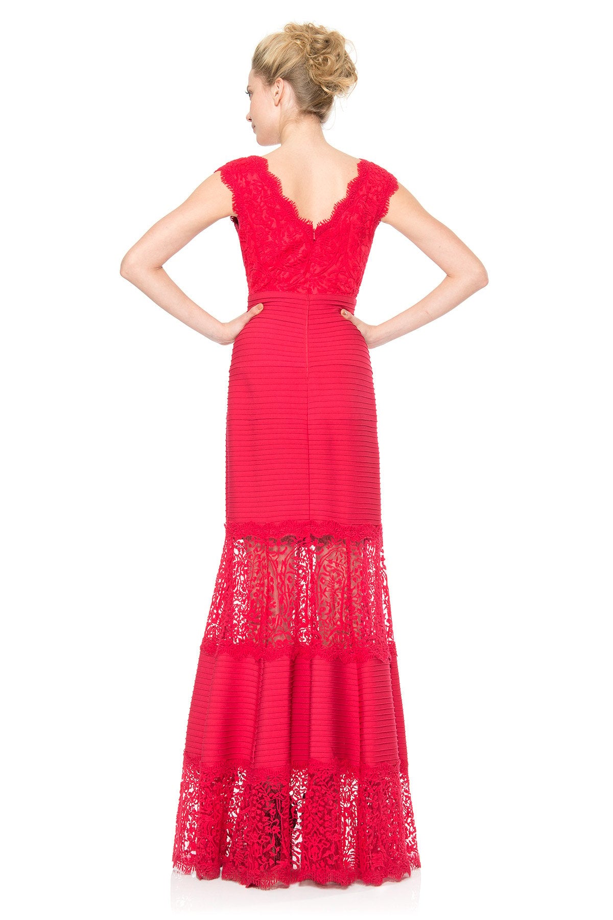 Pintuck Jersey and Lace V-Neck Gown