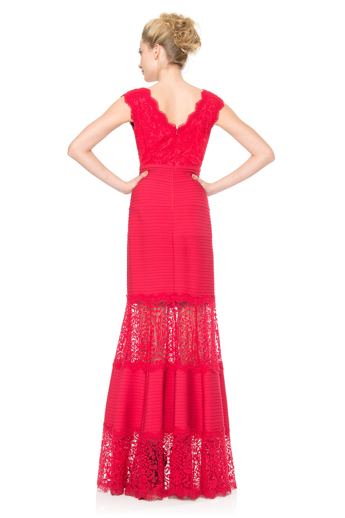 Pintuck Jersey and Lace V-Neck Gown