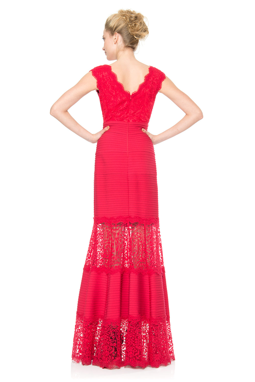 Pintuck Jersey and Lace V-Neck Gown
