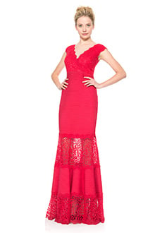 Pintuck Jersey and Lace V-Neck Gown