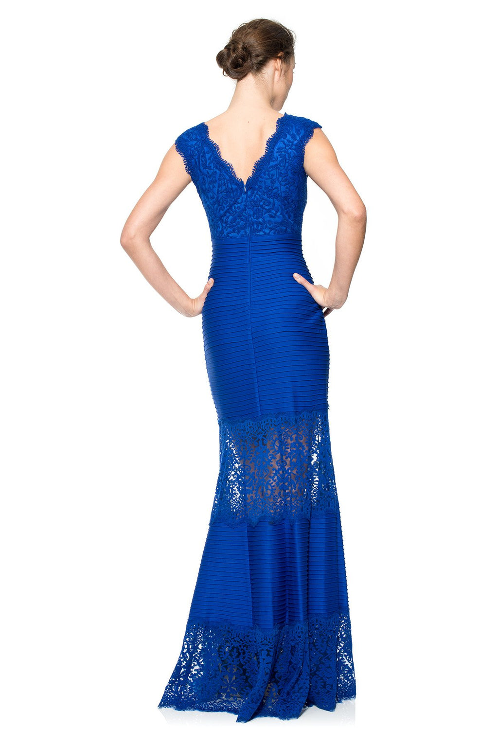 Pintuck Jersey and Lace V-Neck Gown