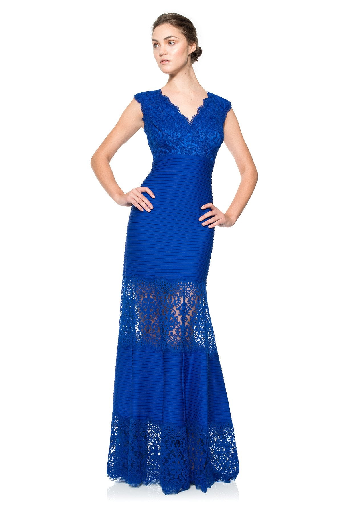 Pintuck Jersey and Lace V-Neck Gown