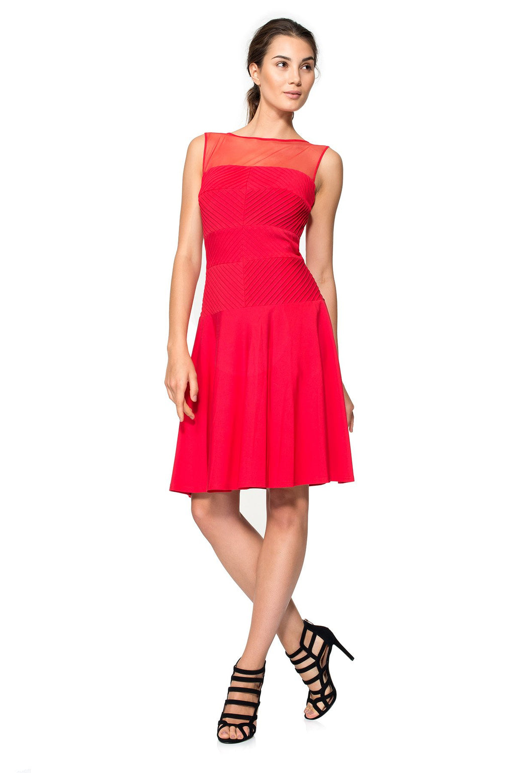 Pintuck Jersey Dress with Sheer Neckline