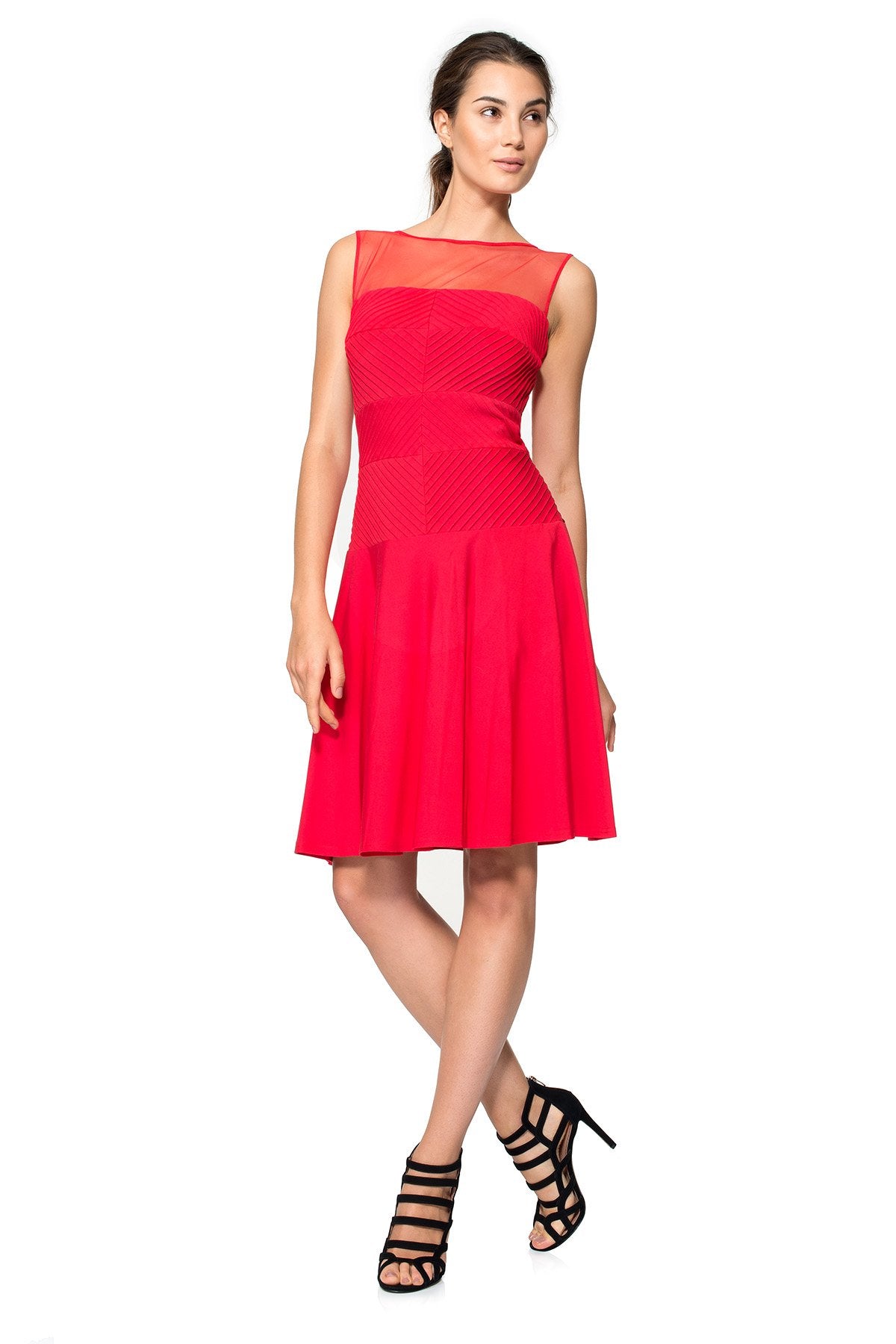 Pintuck Jersey Dress with Sheer Neckline