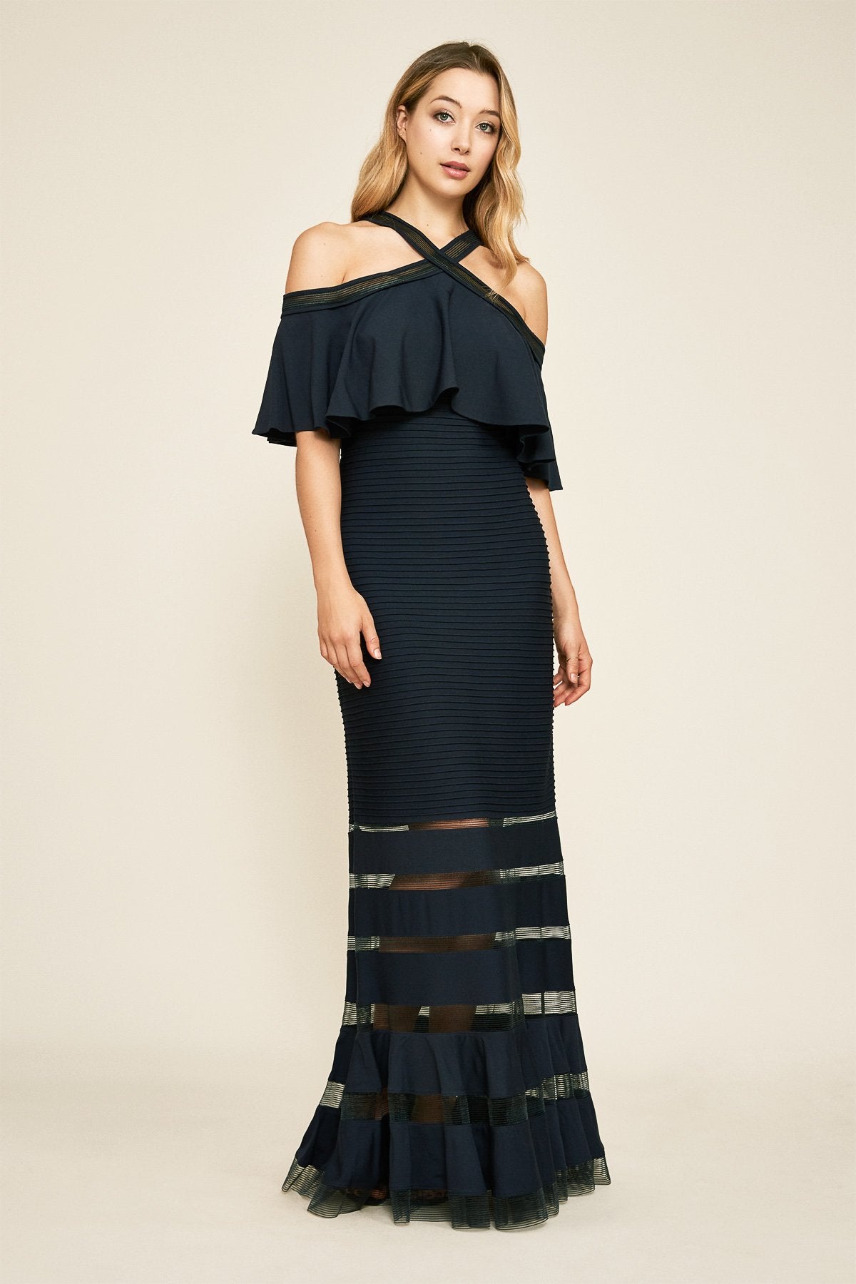 Crystal Pintuck Jersey Halter Gown
