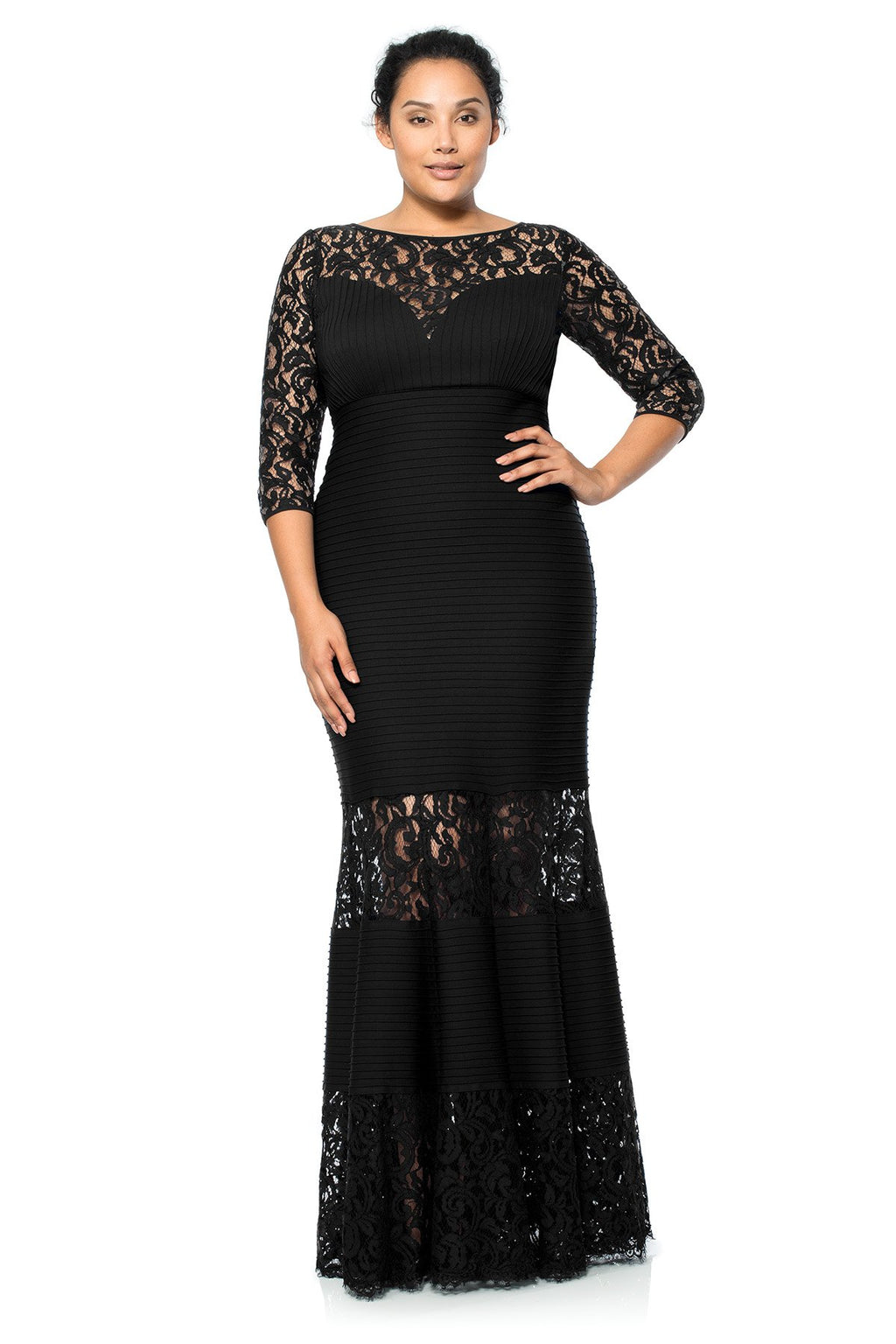 Tadashi Shoji Plus Size - Pintuck Jersey Gown with Sweetheart Illusion Neckline