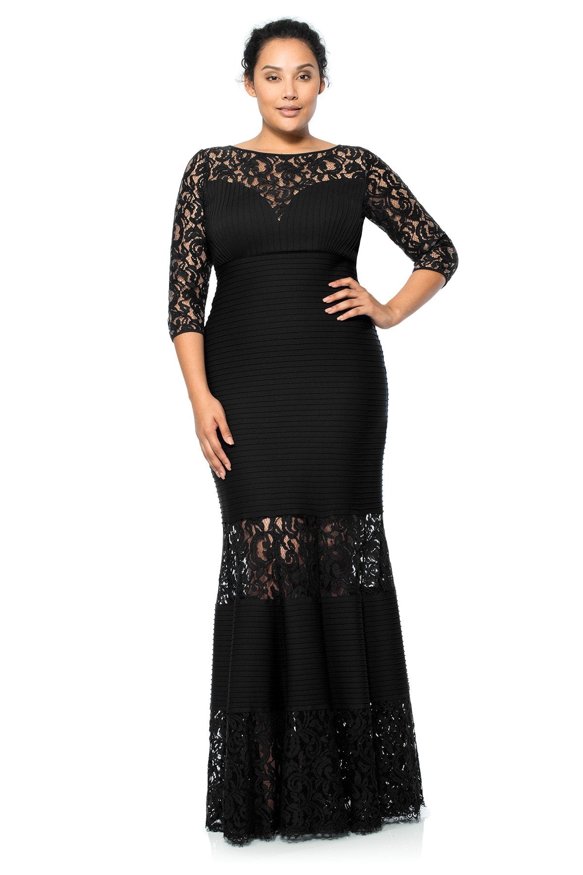 Tadashi Shoji Plus Size - Pintuck Jersey Gown with Sweetheart Illusion Neckline