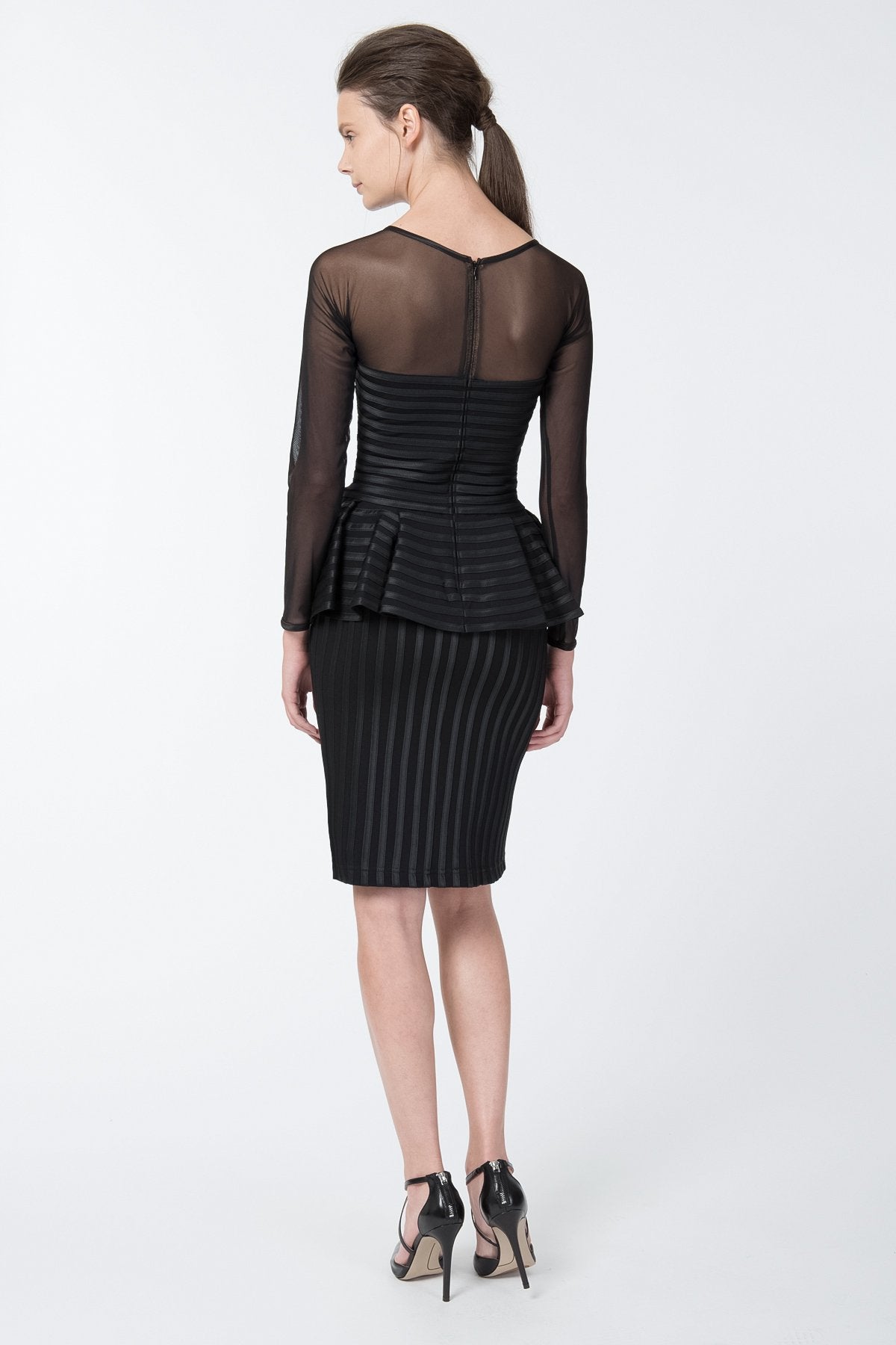 Satin Piped Peplum Dress in Black