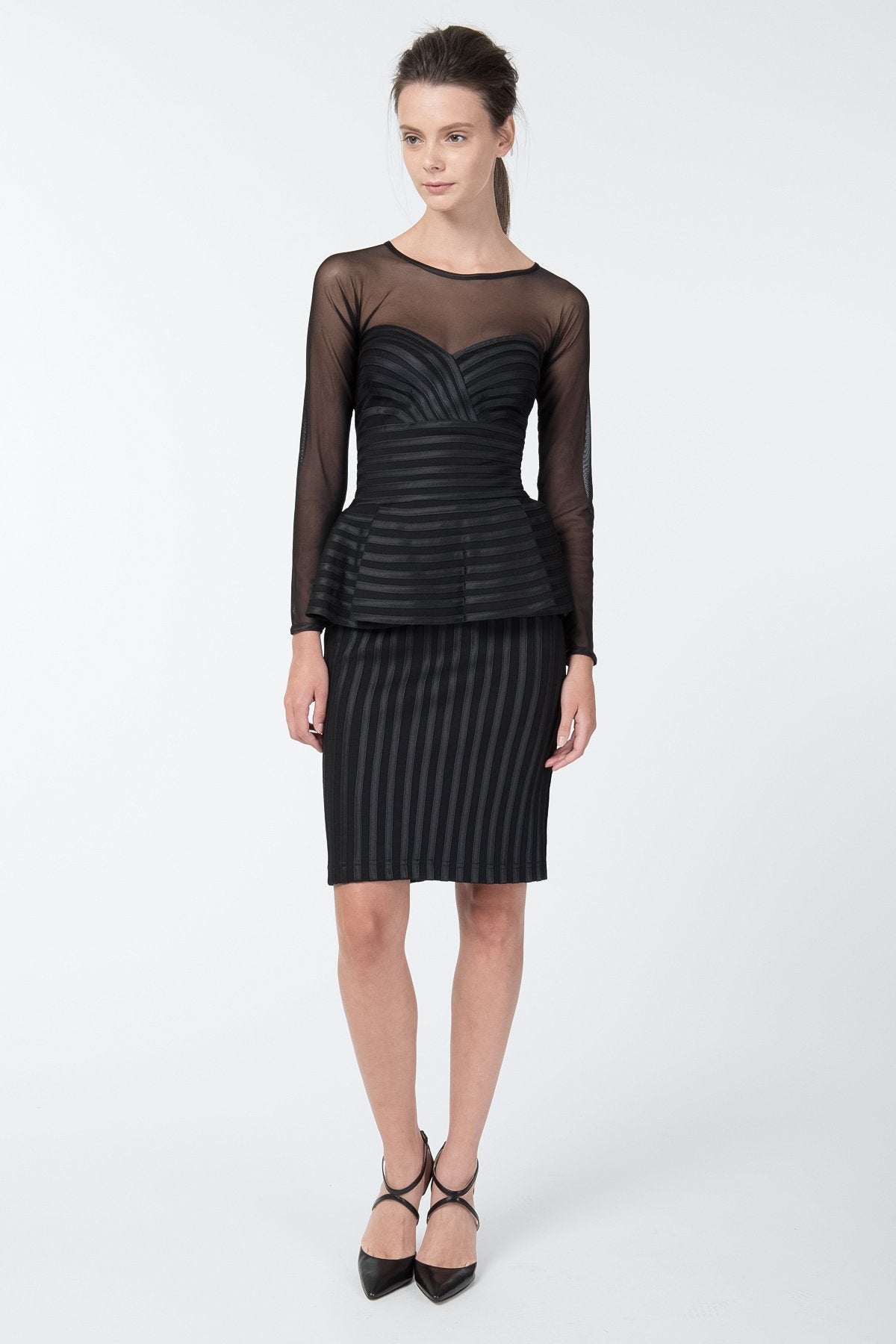 Satin Piped Peplum Dress in Black