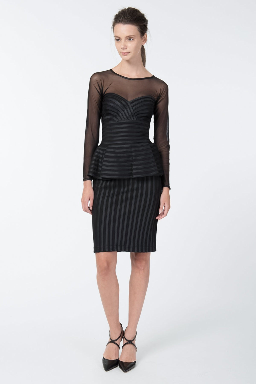 Satin Piped Peplum Dress in Black