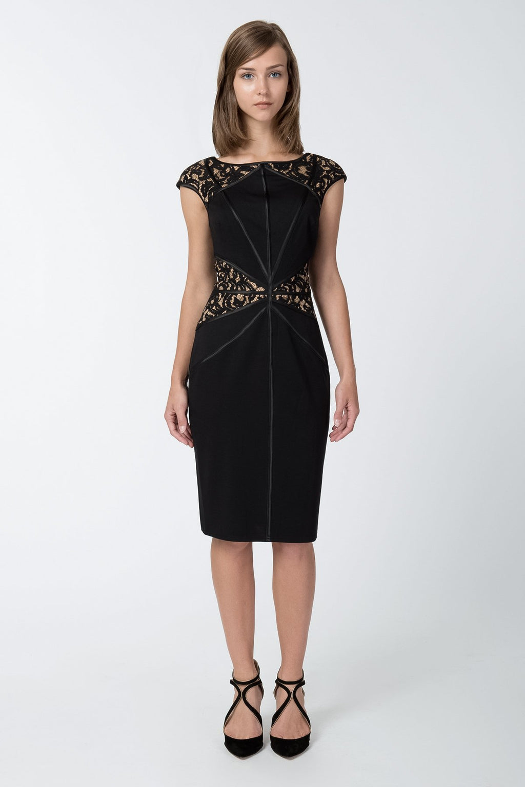 Lace and Jersey Sheath Dress in Black / Nude
