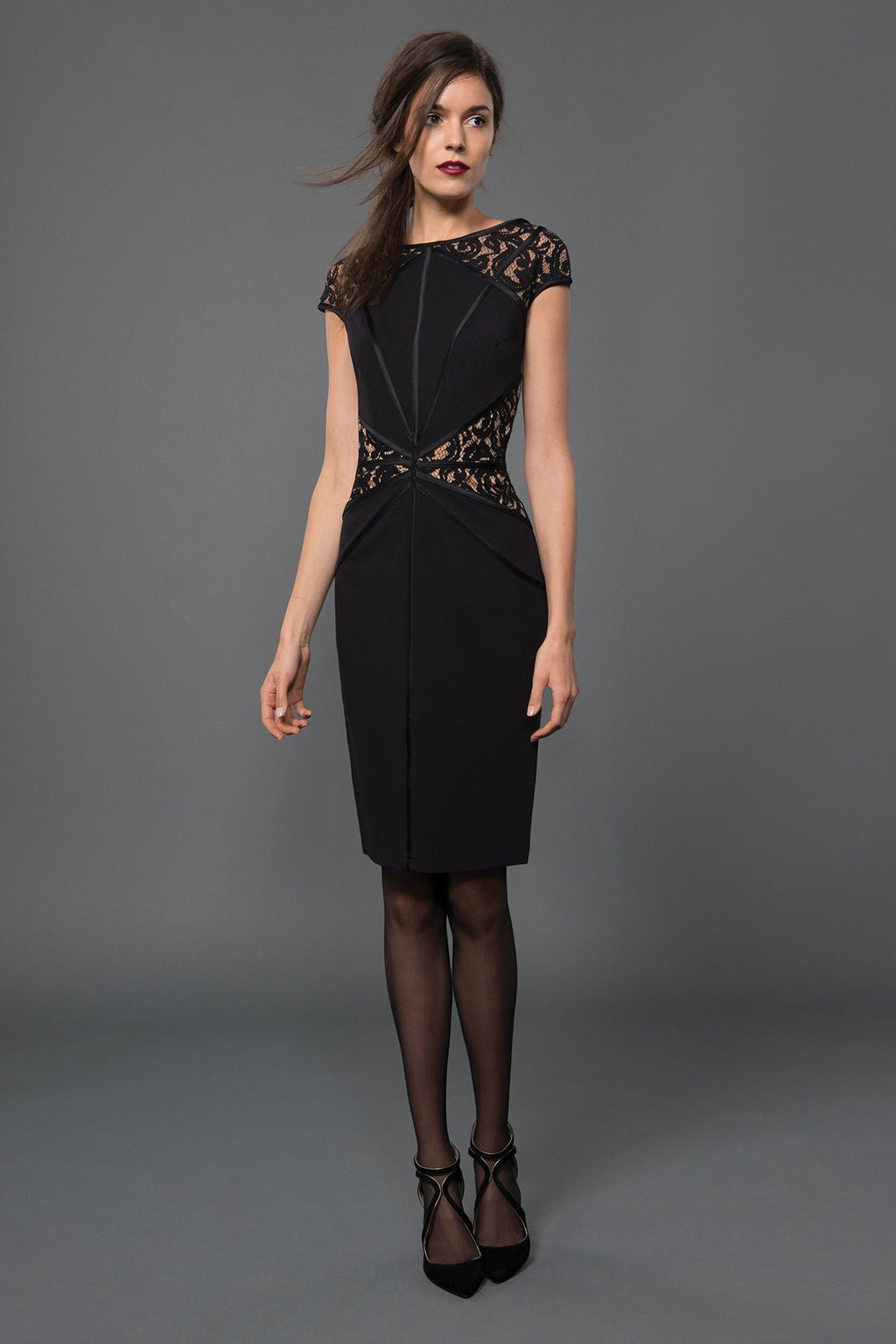 Lace and Jersey Sheath Dress in Black / Nude