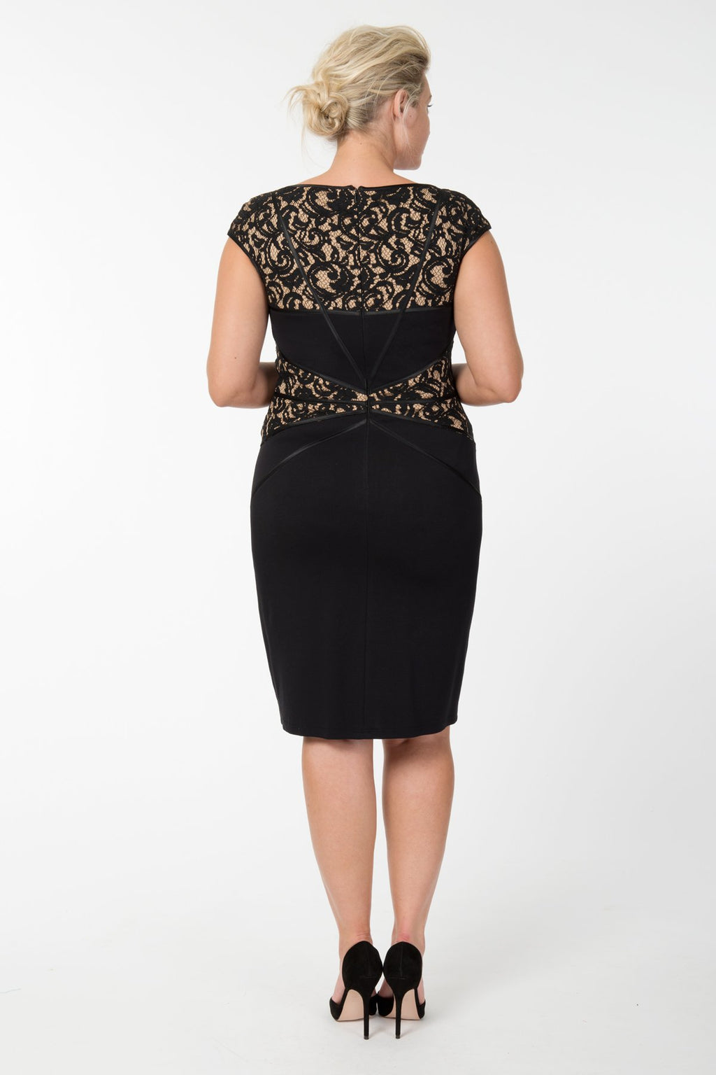 Lace and Jersey Sheath Dress in Black / Nude
