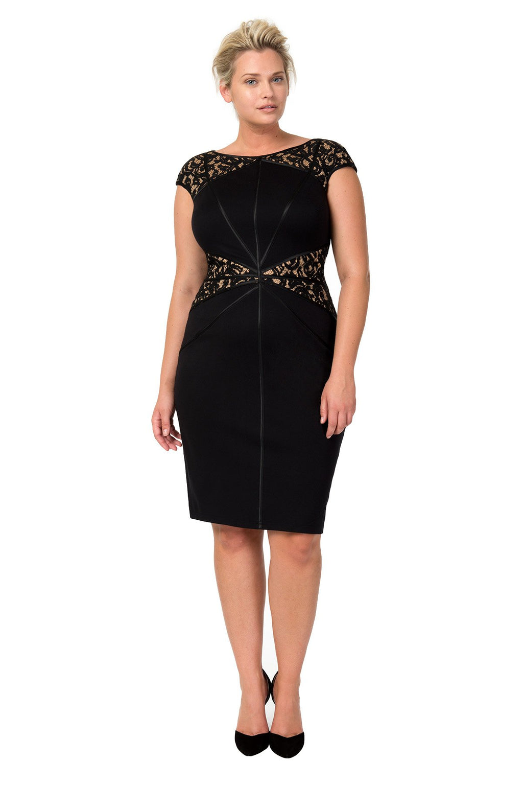Lace and Jersey Sheath Dress in Black / Nude