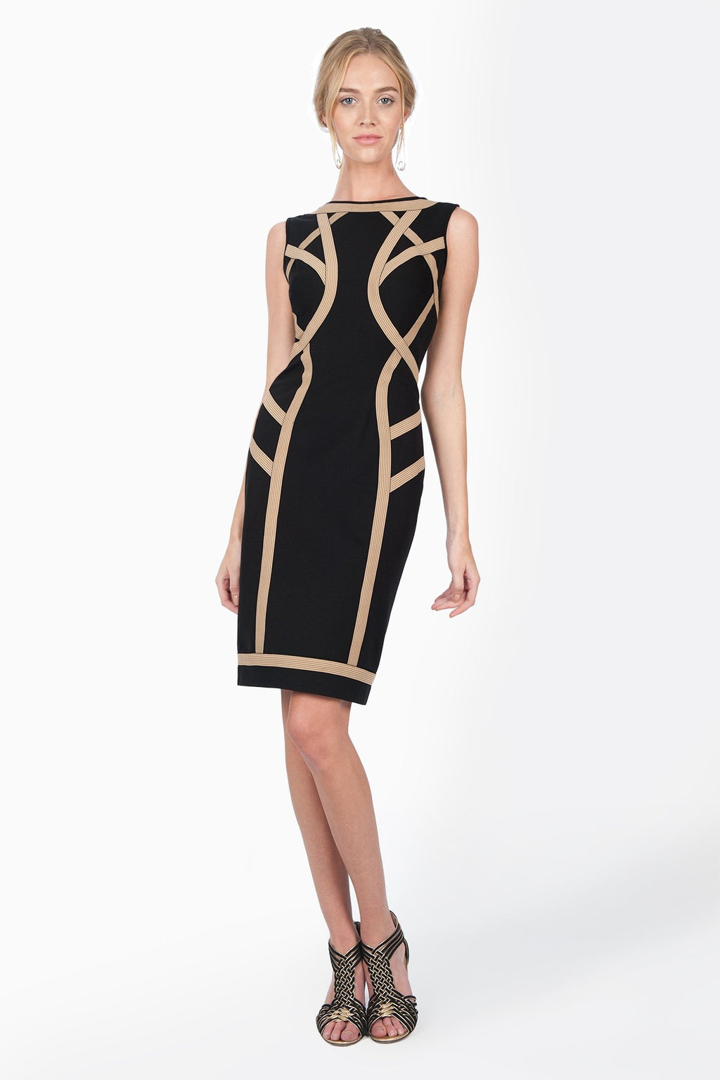 Jersey Boatneck Dress with Elastic Ribbon Detail in Black / Nude