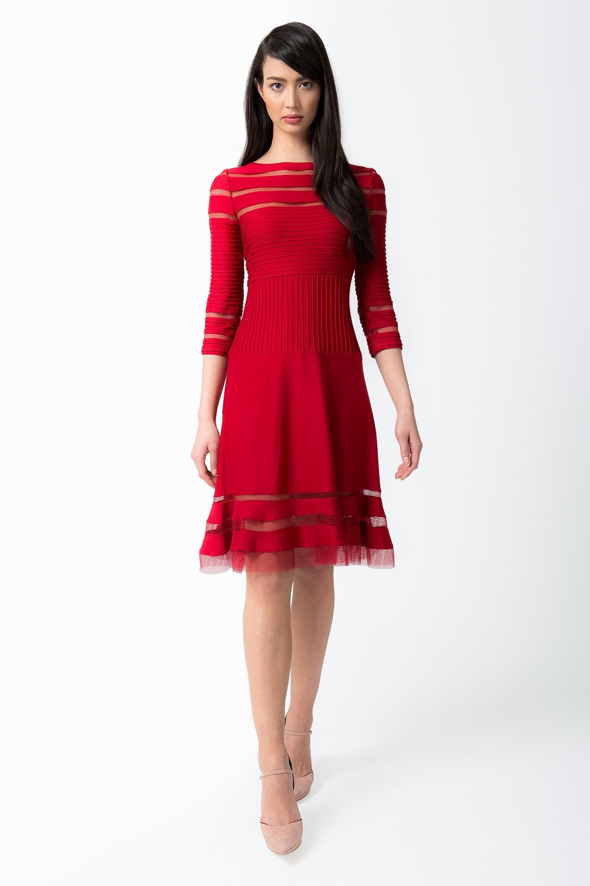 Cutout Jersey 3/4 Sleeve Cocktail Dress in Deep Red
