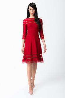 Cutout Jersey 3/4 Sleeve Cocktail Dress in Deep Red