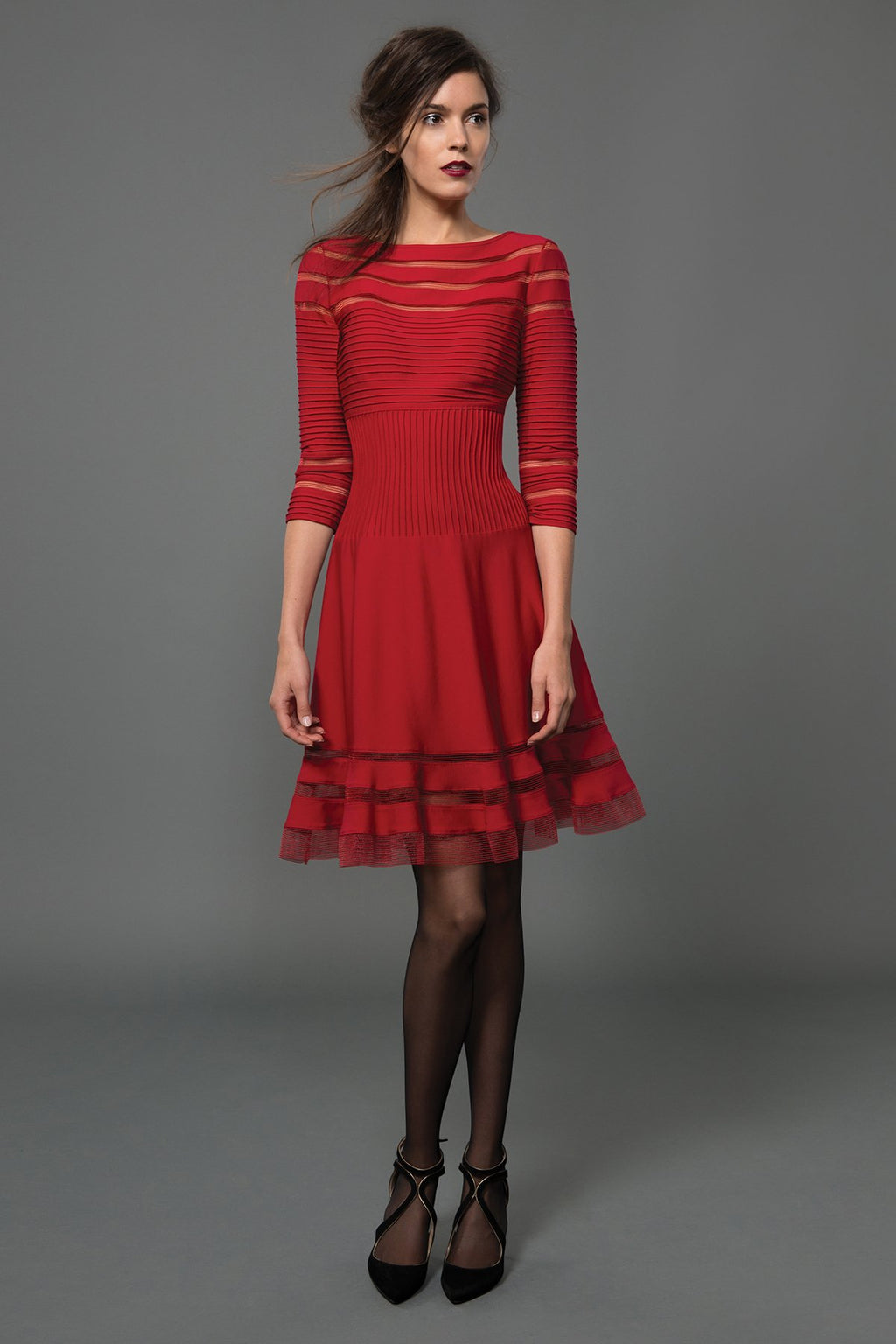 Cutout Jersey 3/4 Sleeve Cocktail Dress in Deep Red