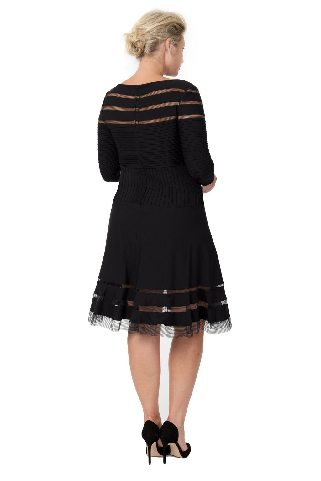 Pintuck Jersey ¾ Sleeve Dress in Black