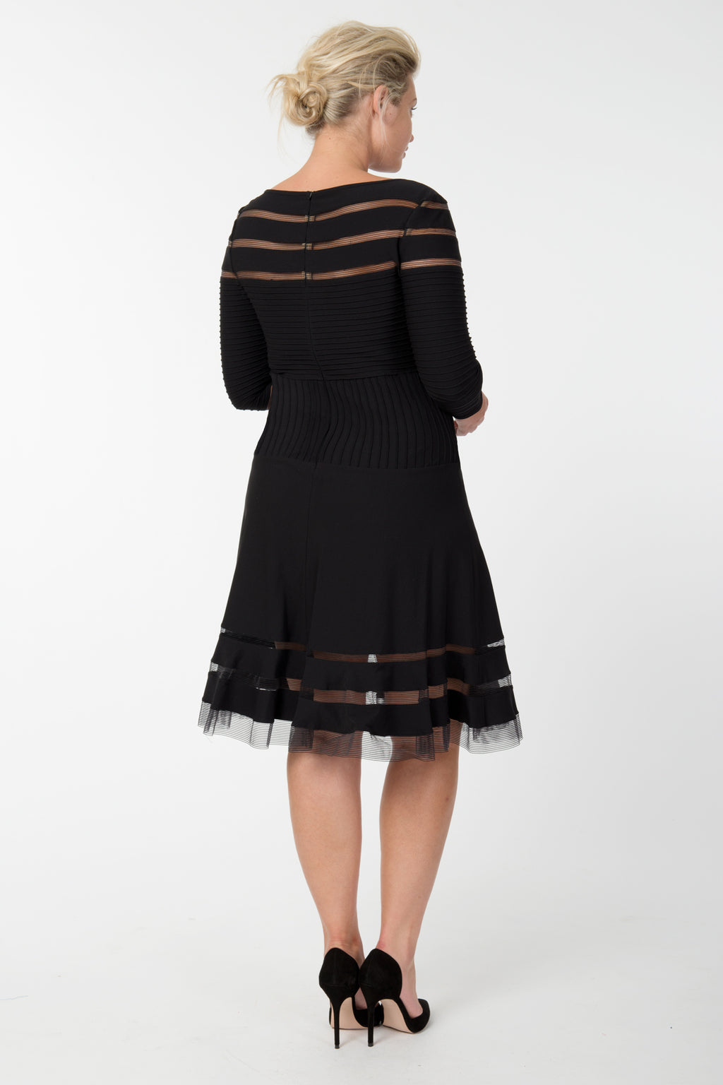 Pintuck Jersey ¾ Sleeve Dress in Black