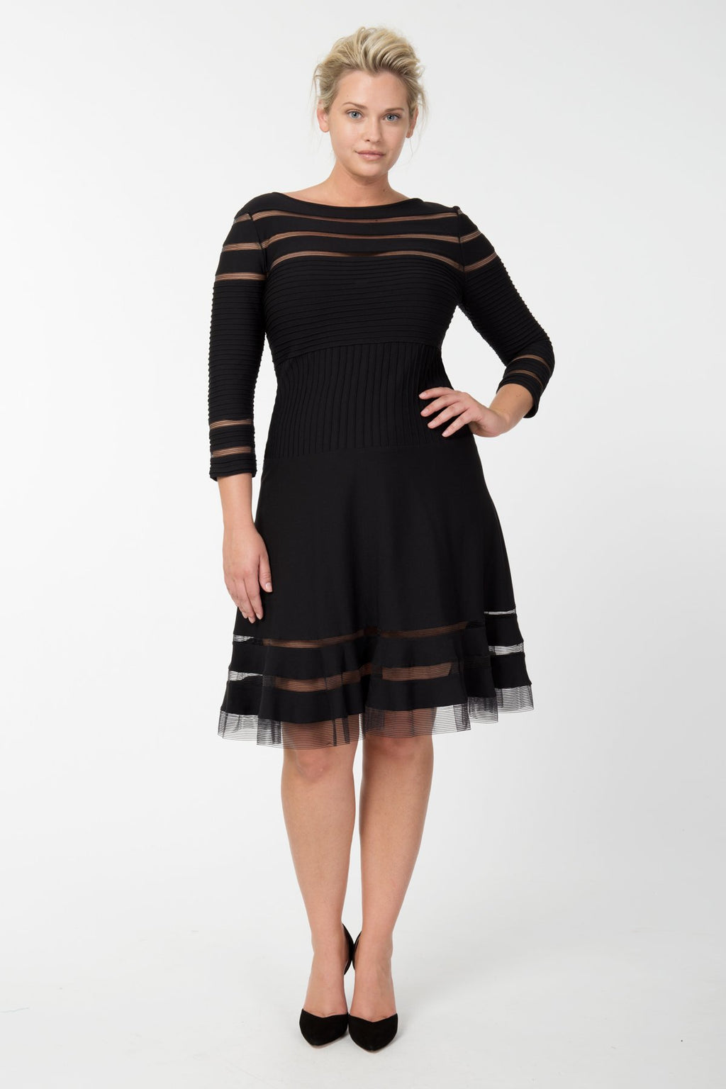 Pintuck Jersey ¾ Sleeve Dress in Black