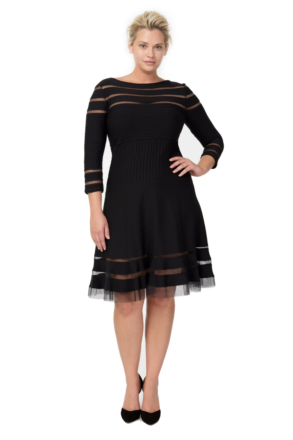 Pintuck Jersey ¾ Sleeve Dress in Black