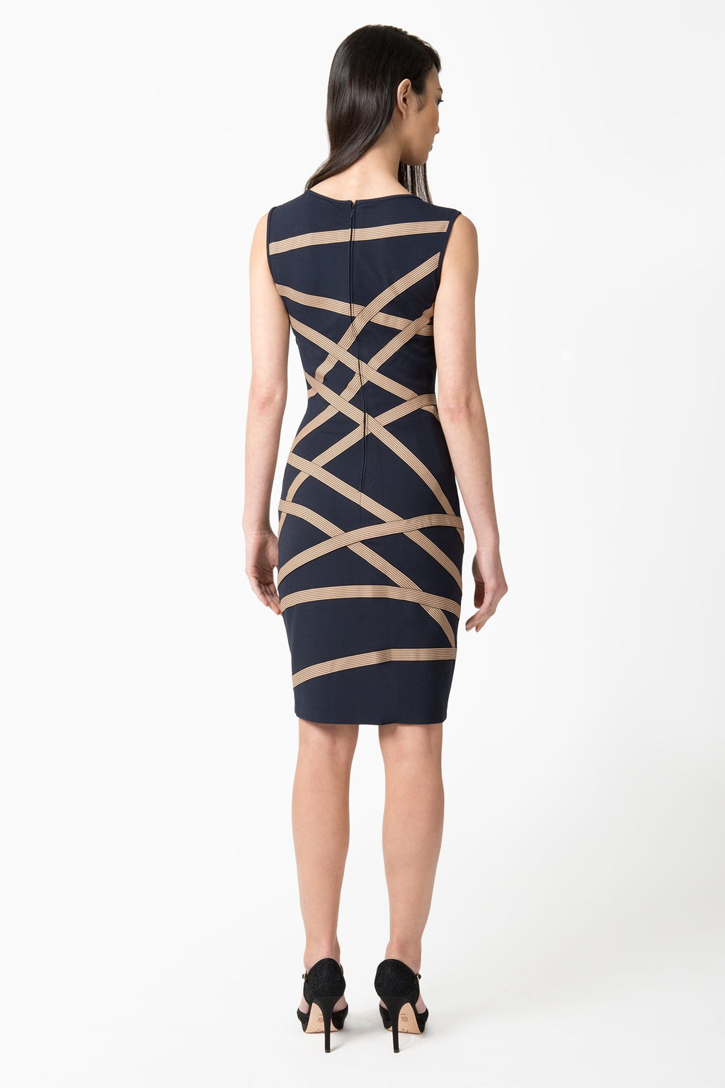 Jersey Sheath Dress with Asymmetric Elastic Ribbon Detail in Navy