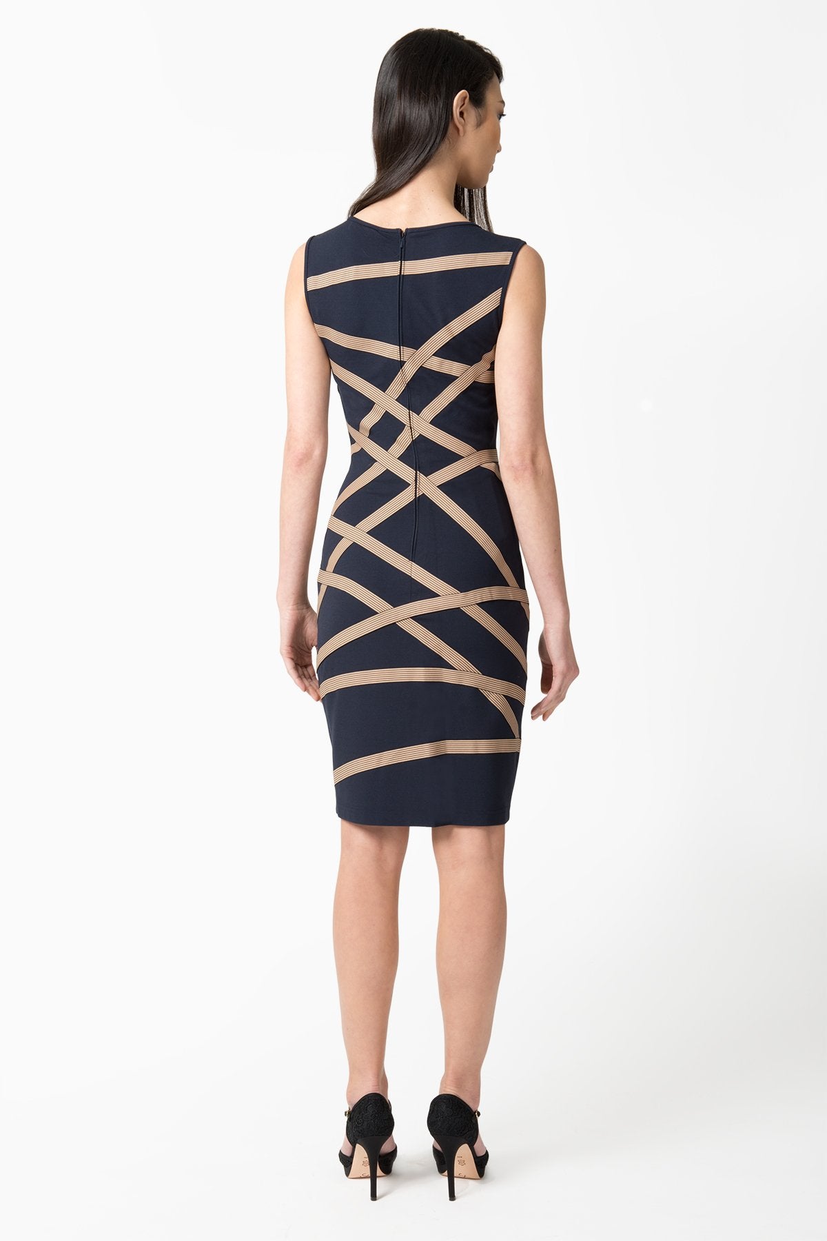 Jersey Sheath Dress with Asymmetric Elastic Ribbon Detail in Navy