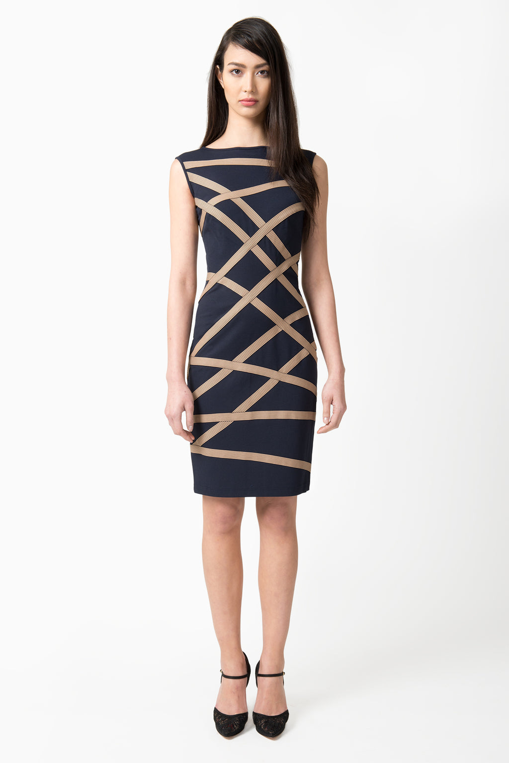 Jersey Sheath Dress with Asymmetric Elastic Ribbon Detail in Navy