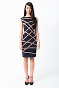 Jersey Sheath Dress with Asymmetric Elastic Ribbon Detail in Navy