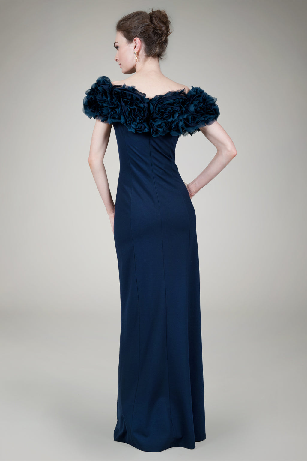 Off Shoulder Luxe Jersey Gown in Navy