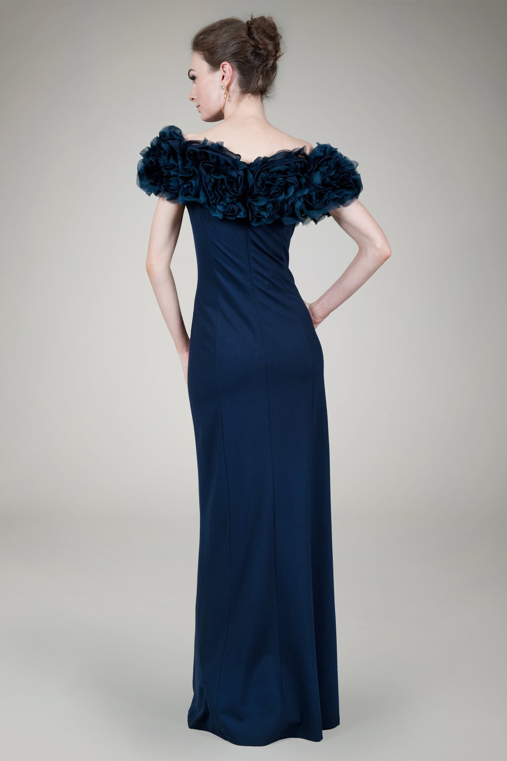 Off Shoulder Luxe Jersey Gown in Navy