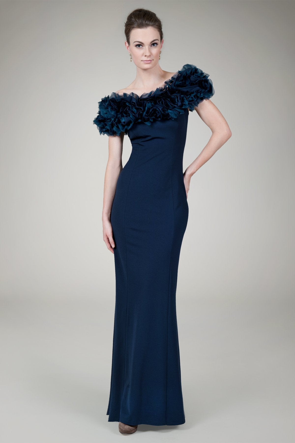 Off Shoulder Luxe Jersey Gown in Navy