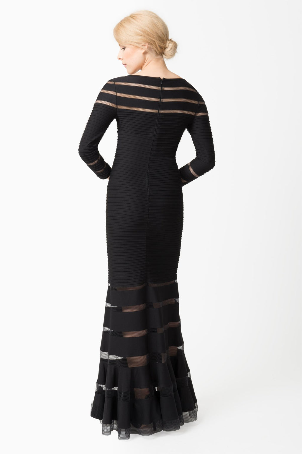 Pintuck Jersey ¾ Sleeve Gown in Black / Nude