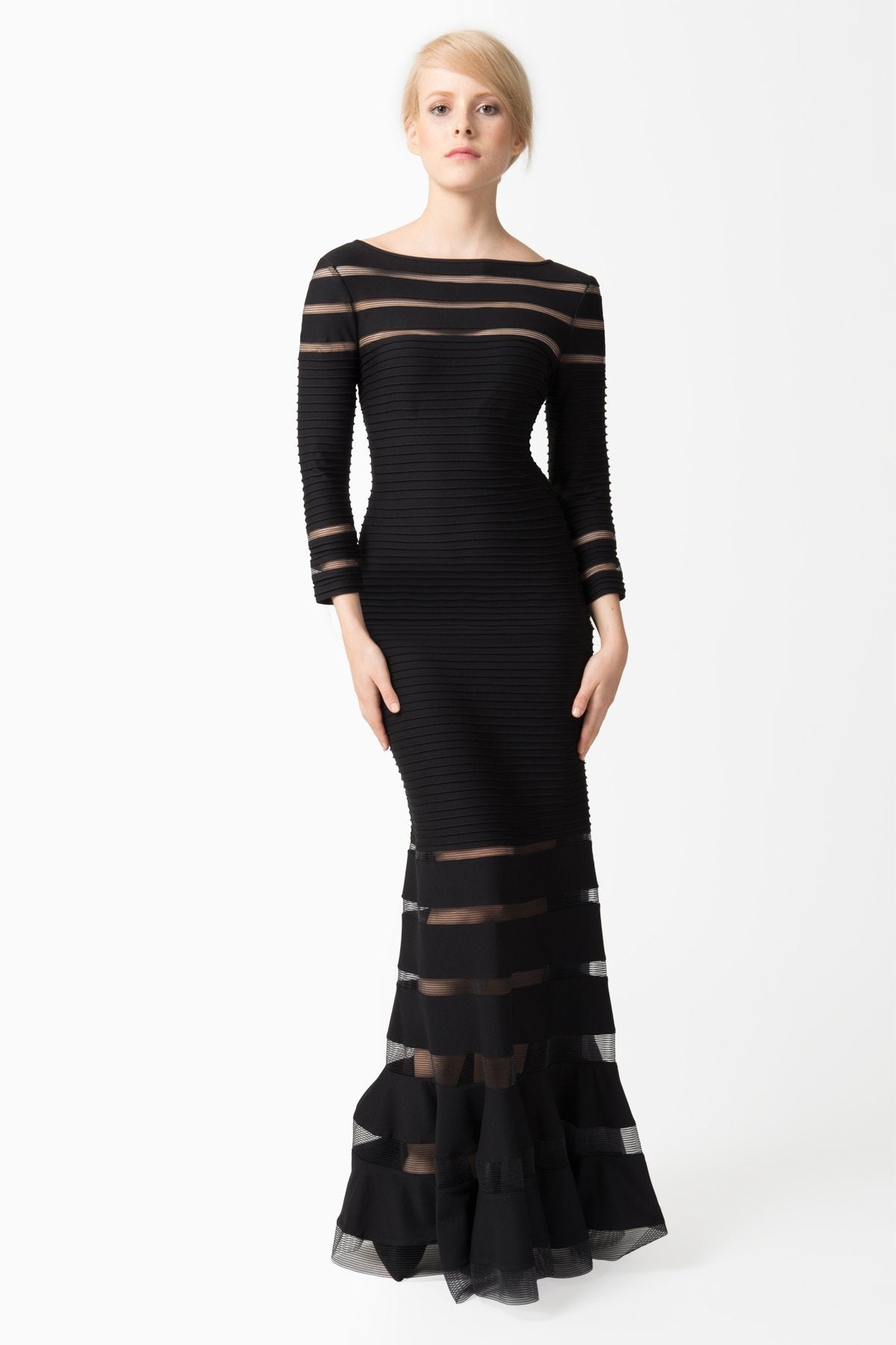 Pintuck Jersey ¾ Sleeve Gown in Black / Nude