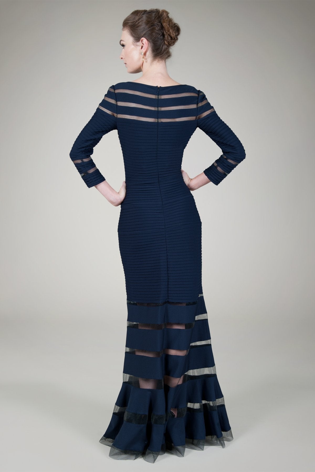 Pintuck Jersey ¾ Sleeve Gown in Navy