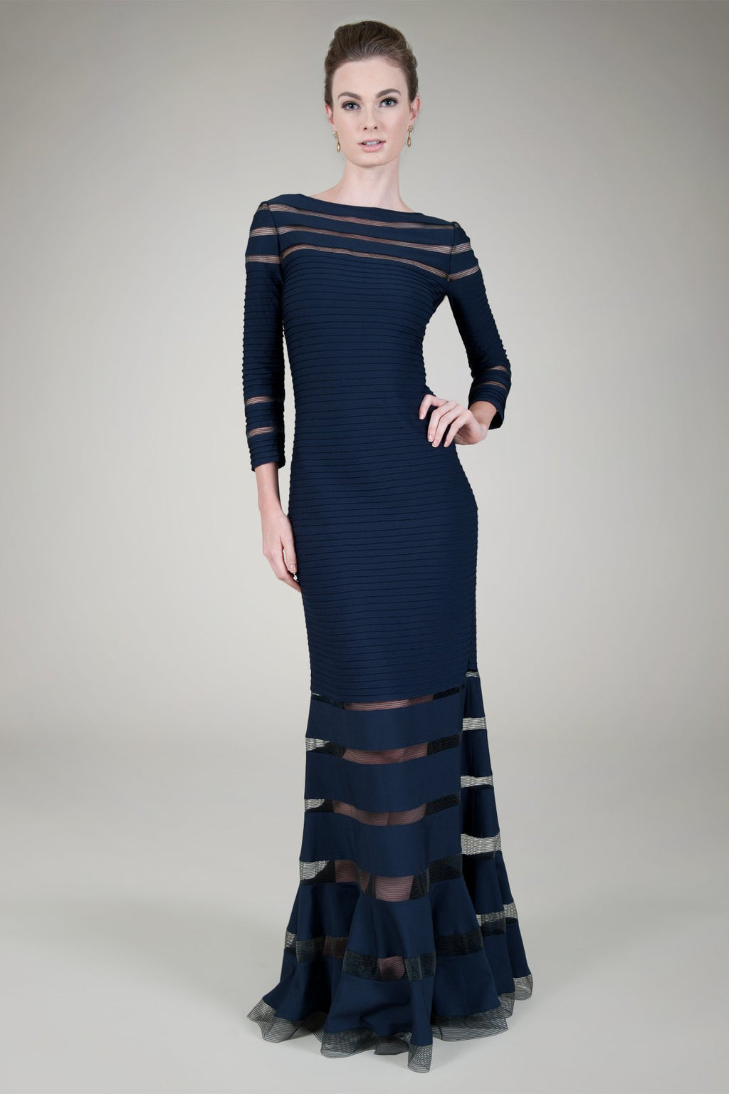 Pintuck Jersey ¾ Sleeve Gown in Navy