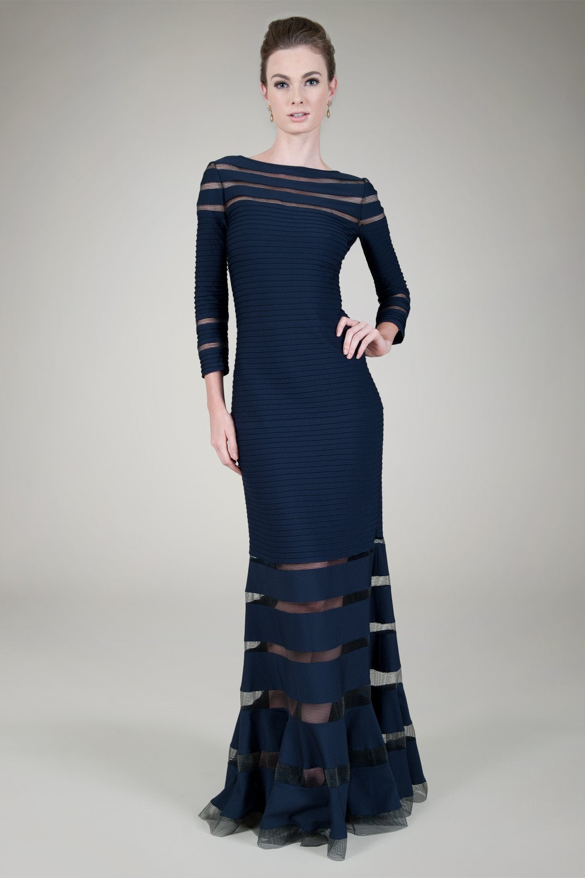 Pintuck Jersey ¾ Sleeve Gown in Navy