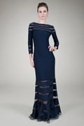 Pintuck Jersey ¾ Sleeve Gown in Navy