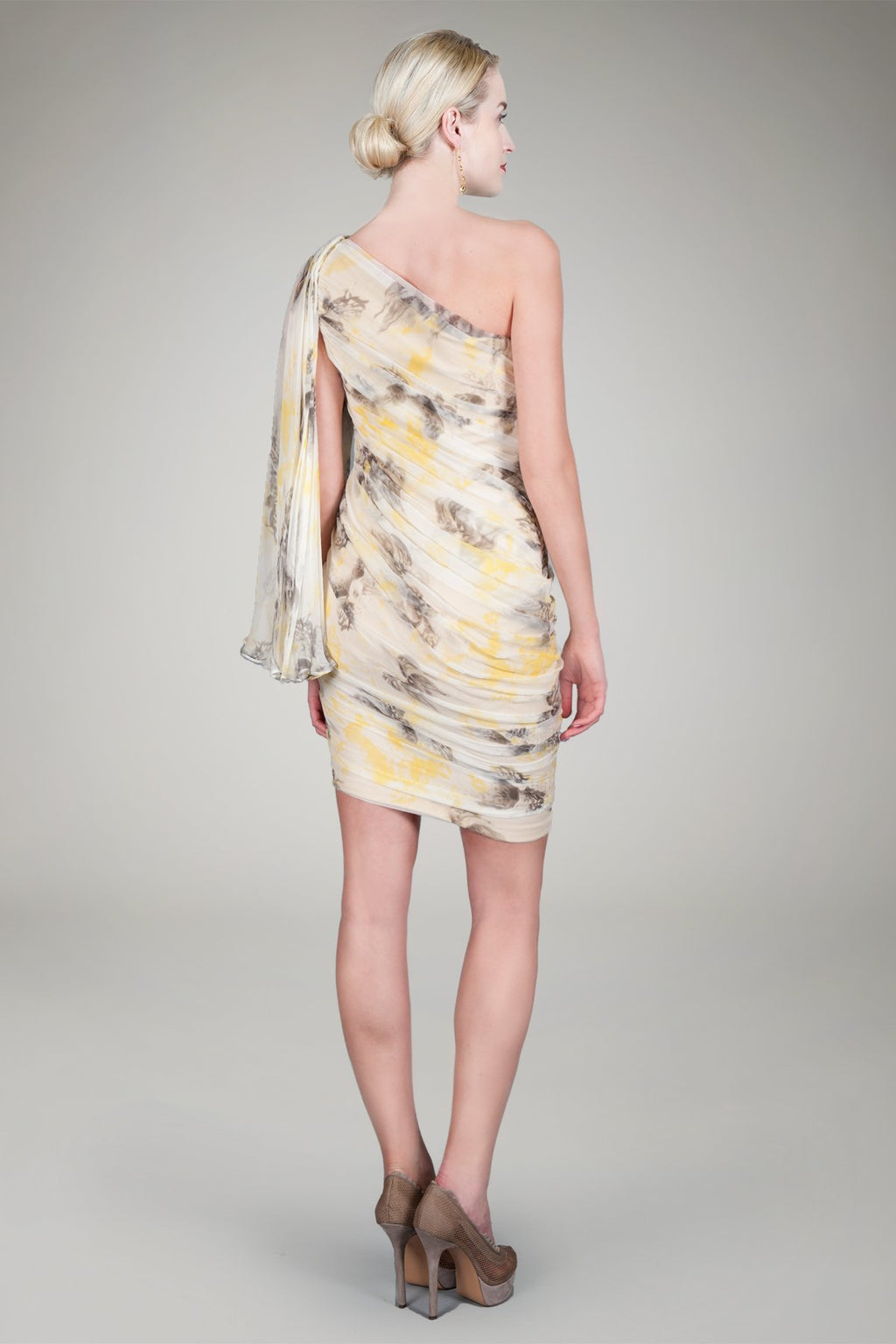 Silk Chiffon One Shoulder Cocktail Dress in Daisy Print