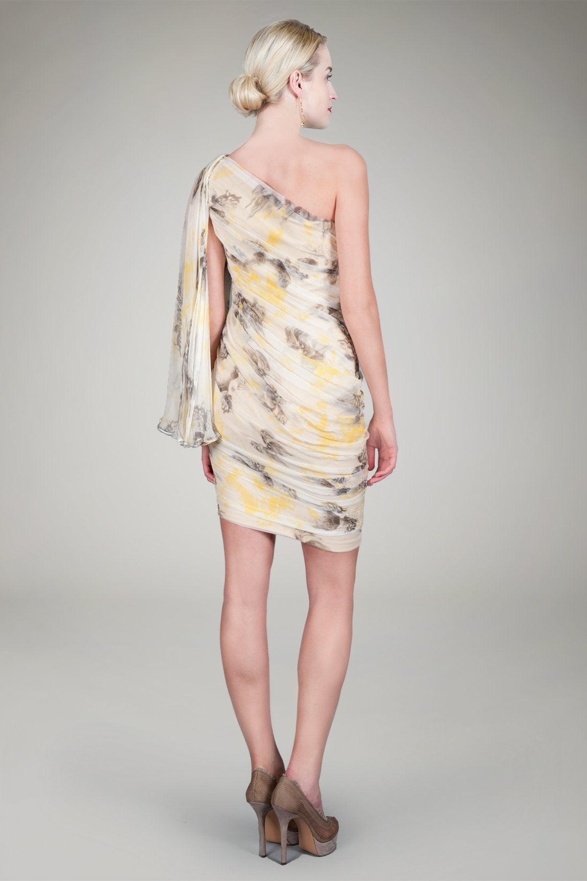 Silk Chiffon One Shoulder Cocktail Dress in Daisy Print