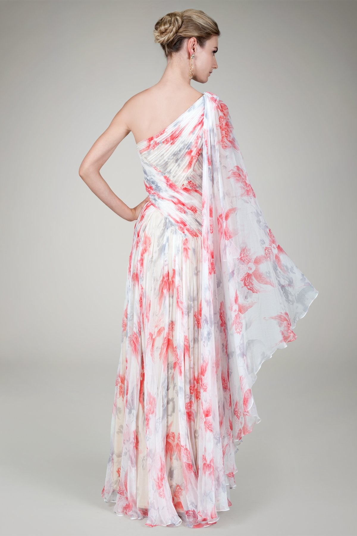 One-Shoulder Draped Gown in Lily Print