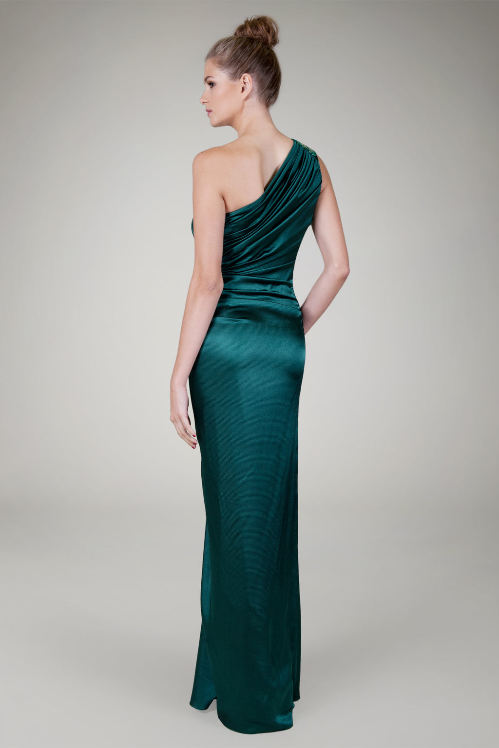 One Shoulder Satin Gown in Seagrass