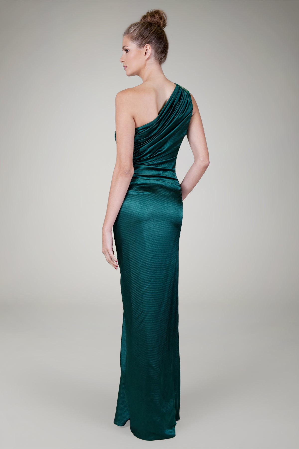One Shoulder Satin Gown in Seagrass