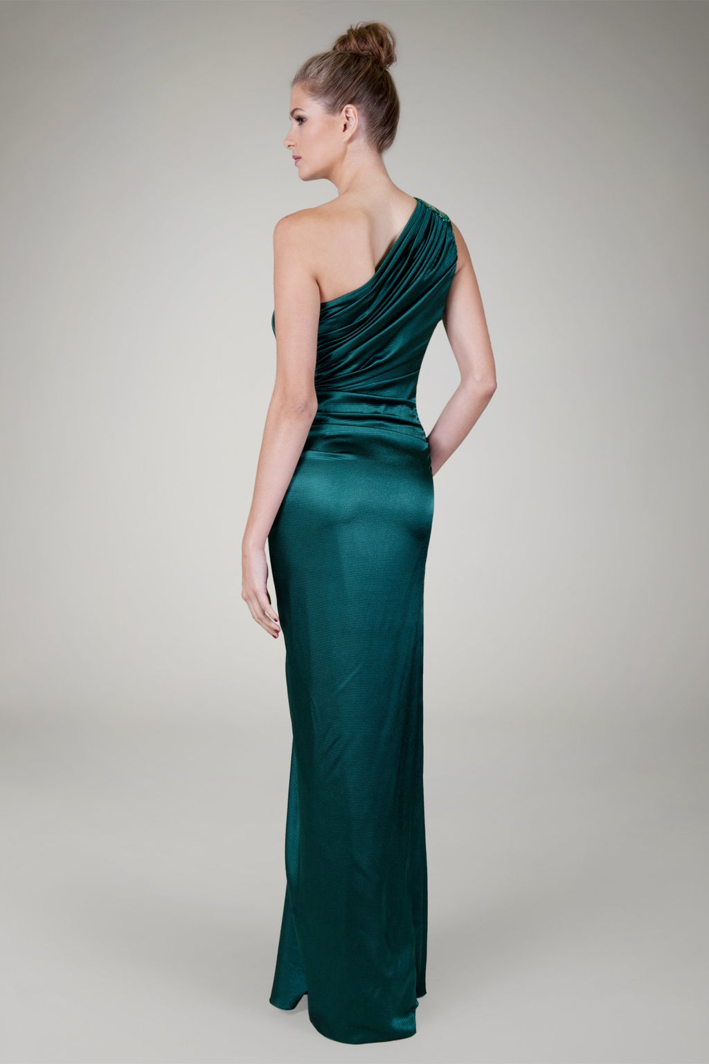 One Shoulder Satin Gown in Seagrass